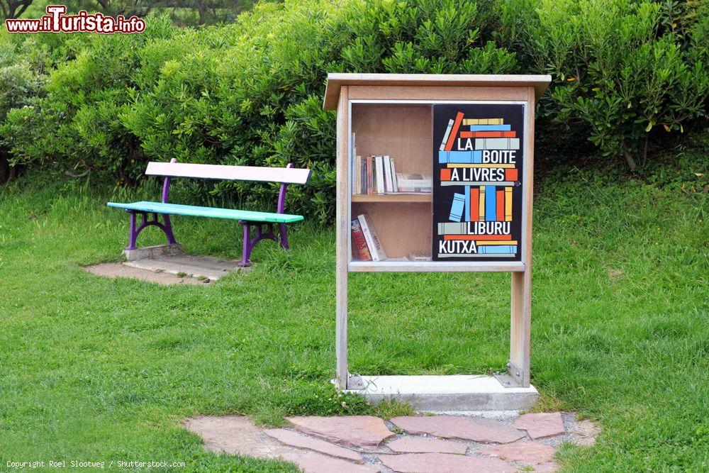 Immagine Una piccola libreria all'aperto in un giardino pubblico di Saint-Jean-de-Luz, Francia. Sullo sfondo, una panchina colorata - © Roel Slootweg / Shutterstock.com