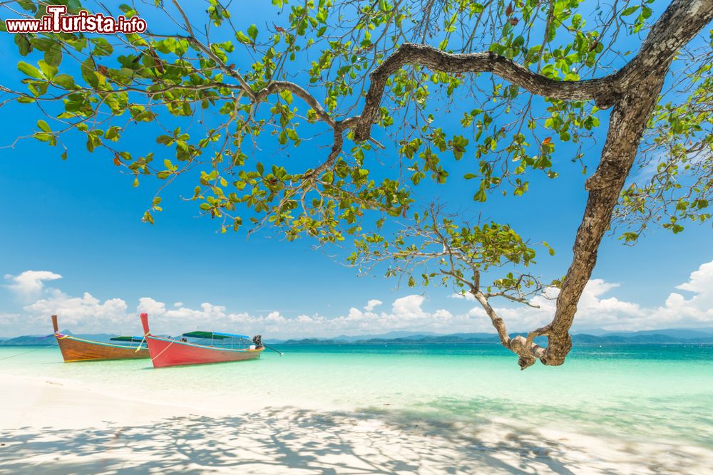 Immagine Una pittoresca spiaggia di sabbia bianca a Khang Khao Island (Bat island), provincia di Ranong, Thailandia, con due tipiche barche.