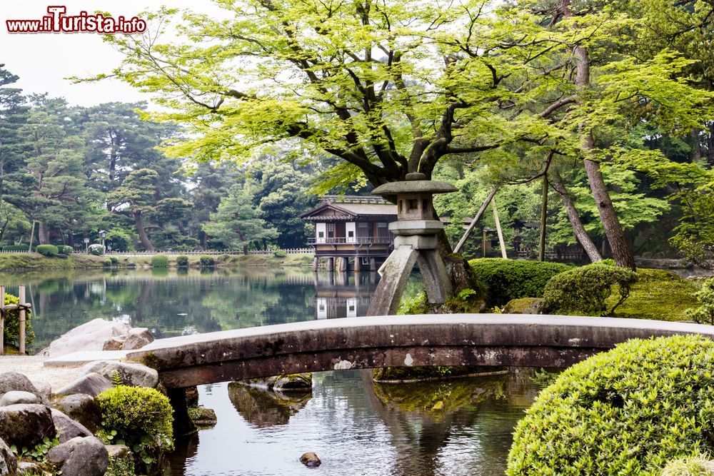 Immagine Una pittoresca veduta del giardino Kenrokuen nella città di Kanazawa, Giappone. Ospita all'incirca 8750 alberi e 183 specie di piante.