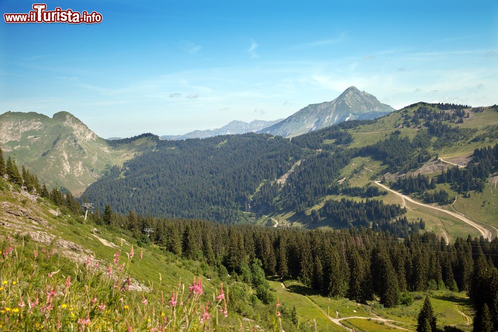 Immagine Una pittoresca veduta delle Alpi francesi nei pressi della cittadina di Morzine, Francia. In estate qui si possono effettuare escursioni in montagna a piedi o in mountain bike o ancora praticare paracadutismo e rafting.