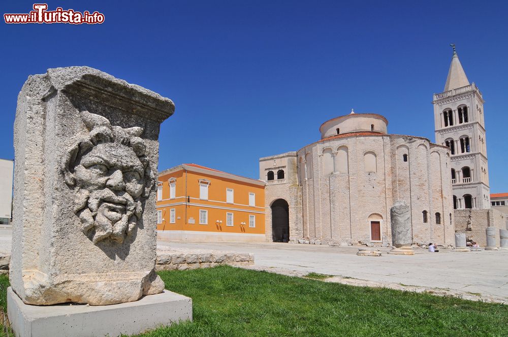 Immagine Una scultura con la chiesa di San Donato sullo sfondo, Zara, Croazia. Il nome si riferisce a Donato di Zara che iniziò la costruzione della chiesa nel IX° secolo.