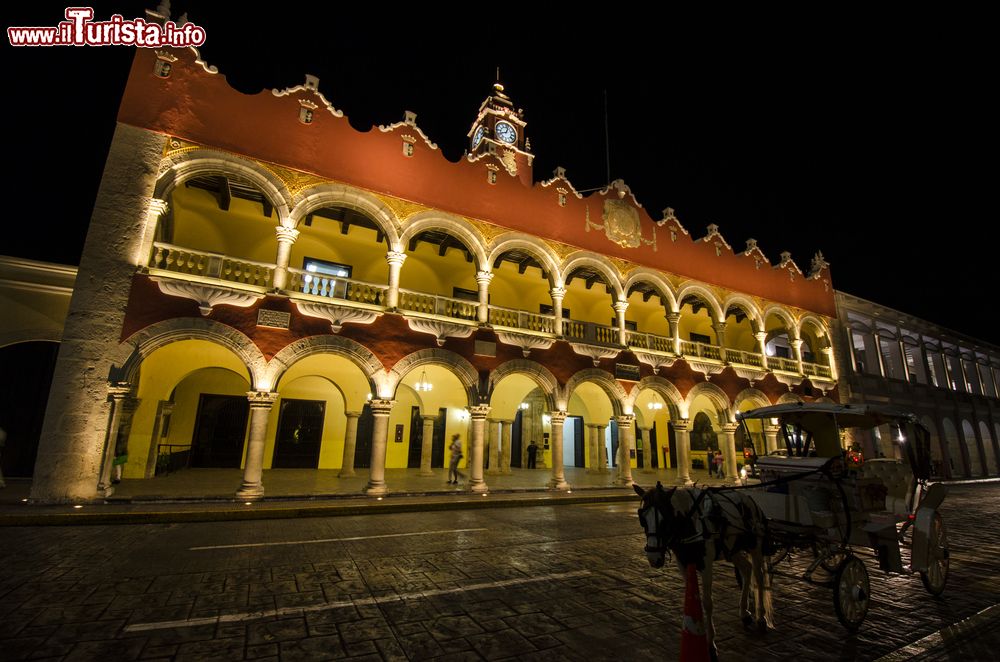 Immagine Una splendida veduta del Municipio di Merida, Yucatan, fotografato di notte. Davanti, una carrozza trainata da un cavallo in attesa di turisti.