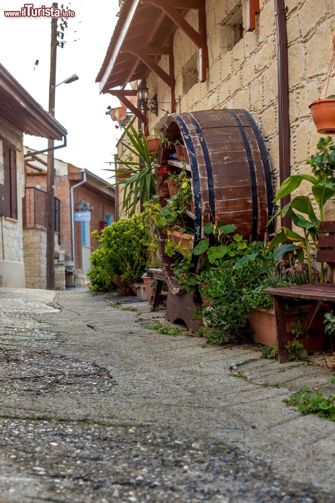 Immagine Una stretta viuzza medievale nel borgo di Omodos, isola di Cipro. A impreziosirla ci sono case in pietra con piante e fiori.