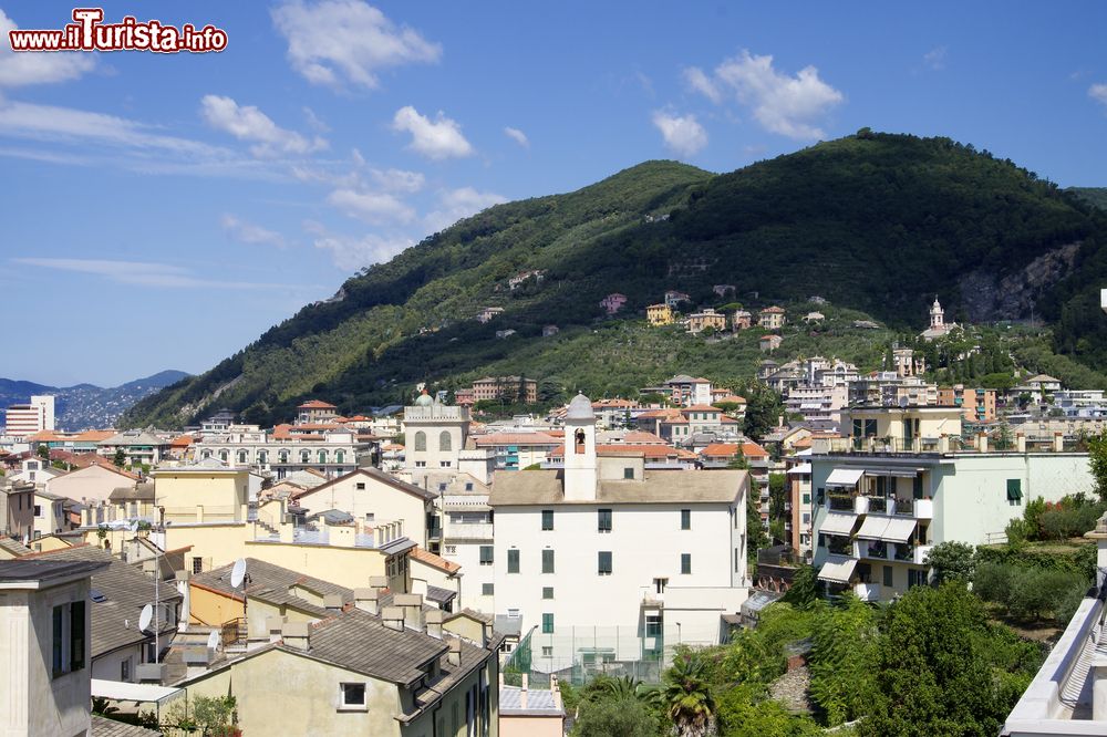 Immagine Una veduta di Chiavari dall'alto, Liguria. Il nucleo urbano si estende alla destra del fiume Entella che qui sfocia al termine della piana alluvionale dividendo a est la città dall'attigua Lavagna.
