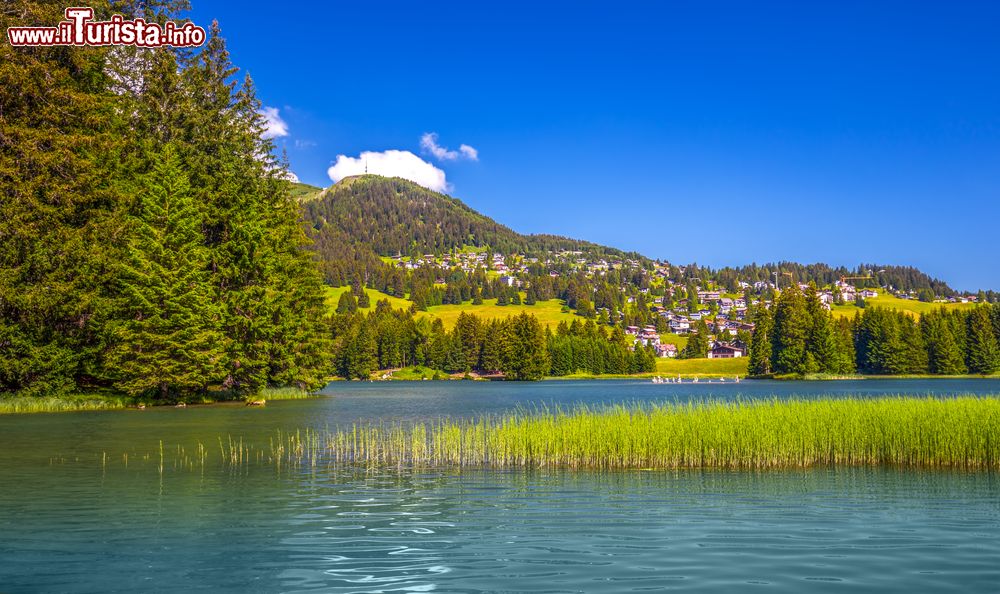 Immagine Una veduta primaverile di Lenzerheide con il lago Heidsee e le Alpi, Svizzera.