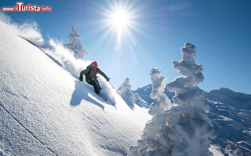 Immagine Uno sciatore sulla neve soffice dello ski resort di Meribel, Savoia, Francia.