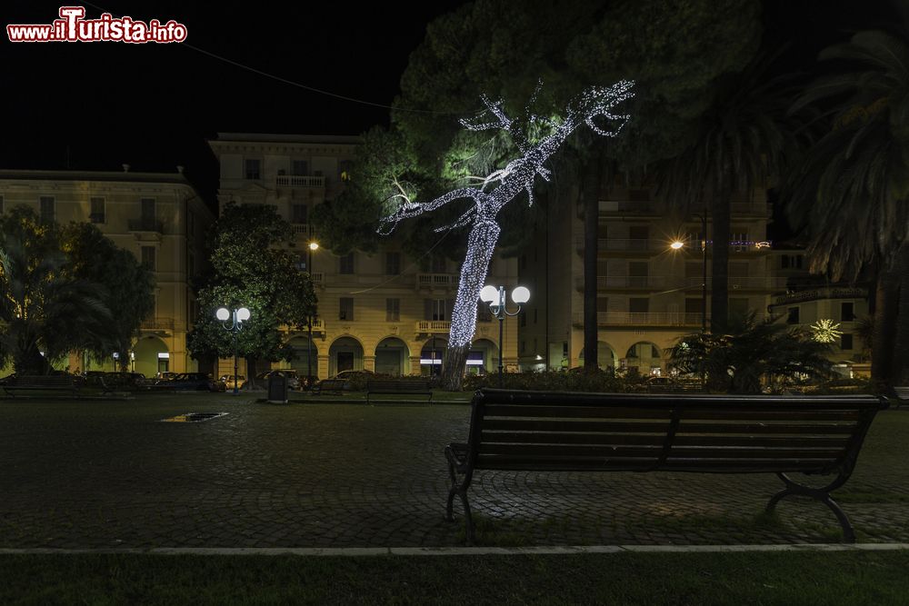 Immagine Uno scorcio notturno del centro di Chiavari con decorazioni natalizie, Liguria. Dai mercatini alle iniziative promosse dall'amministrazione comunale, durante il periodo di Natale Chiavari si addobba a festa.