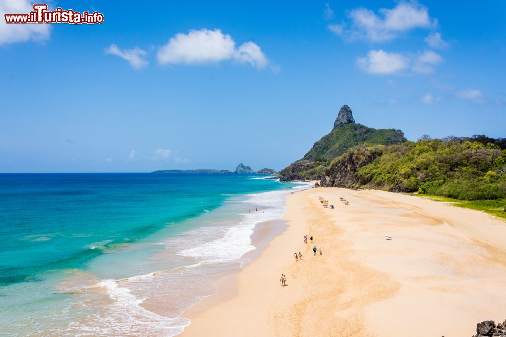 Immagine Veduta dall'alto della spiaggia di Cacimba do Padre e del Morro do Pico sull'isola di Fernando de Noronha, Pernambuco, Brasile.