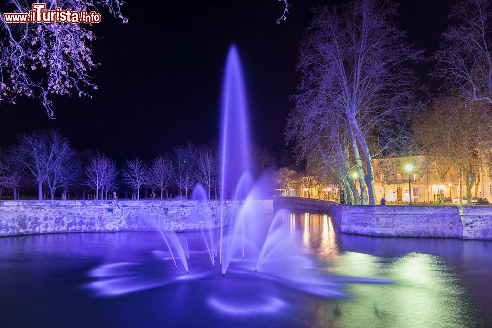 Immagine Veduta dei Jardins de la Fontaine a Nimes illuminati di notte, Francia: questo suggestivo parco del XVII° secolo si sviluppa su un'area di 15 ettari e offre rovine romane e giardini botanici.