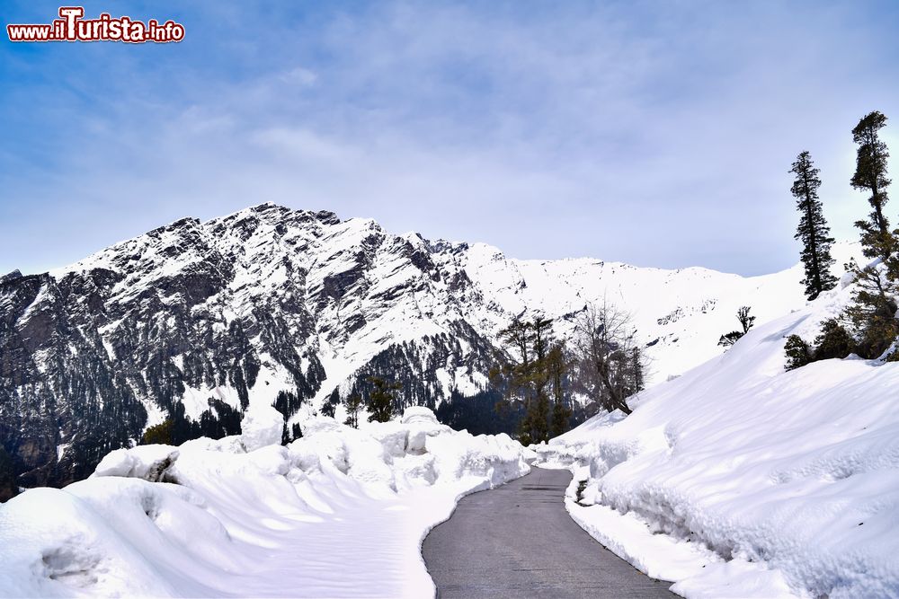 Immagine Veduta innevata del passo di Rohtang lungo la strada per la città di Manali, Himachal Pradesh, India. Situato a 3980 metri di altitudine, questo passo dell'India settentrionale è uno dei valichi di montagna transitabili più alti al mondo. Per circa sei mesi all'anno è completamente ricoperto di neve e non percorribile.