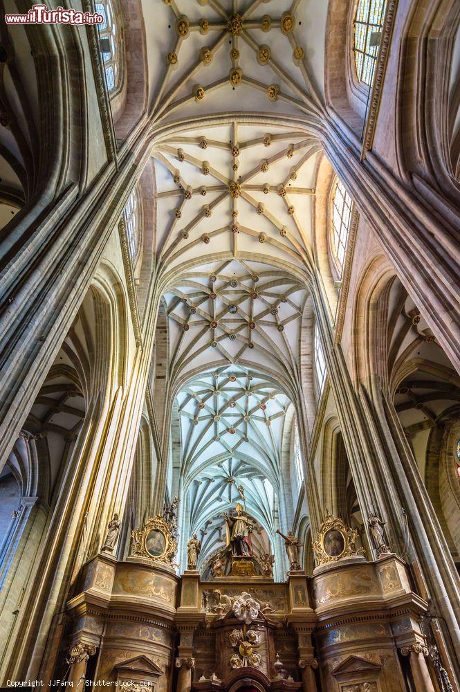 Immagine Veduta interna delle volte della cattedrale di Astorga, Spagna. Dedicato a Santa Maria, l'edificio si presenta con tre navate ed è ricoperto da volte a crociera sostenute da colonne classiche striate e ornate con teste di re e profeti - © JJFarq / Shutterstock.com