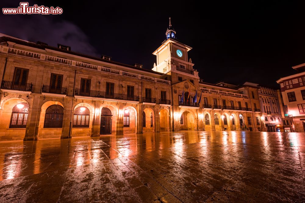 Immagine Veduta notturna del Municipio di Oviedo, Spagna. Eretto nel 1622-23 dall'architetto Juan de Naveda, il Palazzo Comunale è stato restaurato e completato nel 1939. La porta d'ingresso è caratterizzata da un leone in marmo che un tempo si trovava in una fontana che decorava piazza Mayor. Si tratta di un edificio di architettura popolare in stile barocco.
