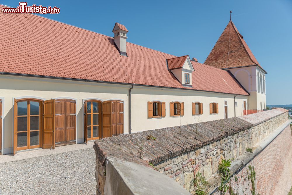 Immagine Veduta panoramica di un angolo del castello di Ptuj con le mura di fortificazione, Slovenia. Siamo nei pressi del fiume Drava sulle cui sponde si affaccia la collina che ospita il maniero cittadino.