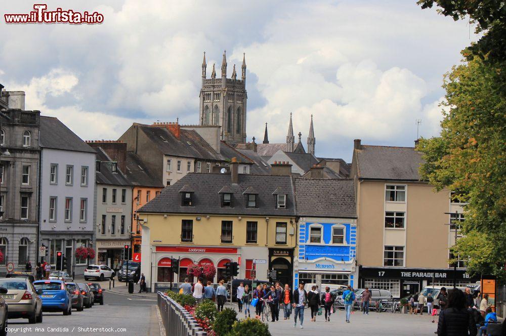 Immagine Veduta su Kilkenny e sulla torre della chiesa di Santa Maria, Irlanda. Costruita interamente in pietra calcarea a forma di croce, la cattedrale è in stile gotico. La torre, considerata punto di riferimento della cittadina, raggiunge i 186 metri di altezza - © Ana Candida / Shutterstock.com