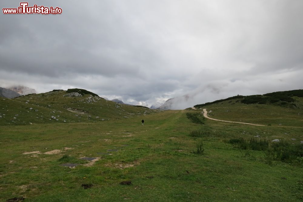 Immagine Vista dal rifugio Sennes a San Vigilio di Marebbe, Trentino Alto Adige. Nonostante il cielo grigio e coperto, il panorama che si ha sulle montagne circostanti il rifugio è mozzafiato.