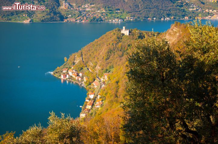 Immagine Vista dall'alto di Monte Isola, Lago d'Iseo. Con un'area totale di 12,8 chilometri quadrati, Monte Isola è il bacino lacustre più grande d'Italia e dell'Europa meridionale e centrale. Il territorio dell'isola comprende grandi coltivazioni di ulivi che fanno da contorno alla sponda meridionale fra Peschiera Maraglio e Sensole mentre il nord e le zone più elevate del monte sono caratterizzate da specie arboree tipicamente alpestri - © Sogno Lucido / Shutterstock.com