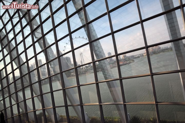 Immagine Vista della baia e del Singapore Flyer dal Flower Dome dei Gardens by the Bay, una delle due gigantesche serre che compongono questi giardini botanici del futuro fatti di stravaganti sculture e fantascientifici superalberi - © Sonja Vietto Ramus