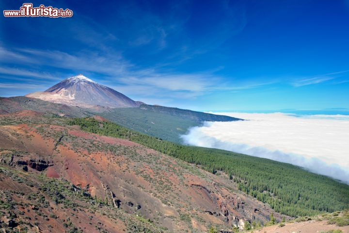 Immagine Il Monte Teide alle Canarie, la cima assoluta dell'Isola di Tenerife, e il vulcano più alto d'Europa. Notare l'umidità dell'oceano che viene trattenuta dai fianchi della grande montagna. In effetti il versante nord del Teide presenta boschi e verde, mentre il suo lato meridionale riceve poca pioggia, e rimane decisamente più arido e brullo. Il Teide ha eruttato l'ultima volta nel 1906, ed è quindi un vulcano dormiente, che prima o poi si riattiverà - © Gelpi / Shutterstock.com