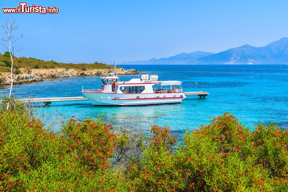 Immagine Barca di turisti ormeggiata a Lotu nei pressi di Saint Florent, Corsica, Francia. Una passeggiata lungomare permette di ammirare da vicino i colori del mare e della terrra di questo angolo di Corsica.