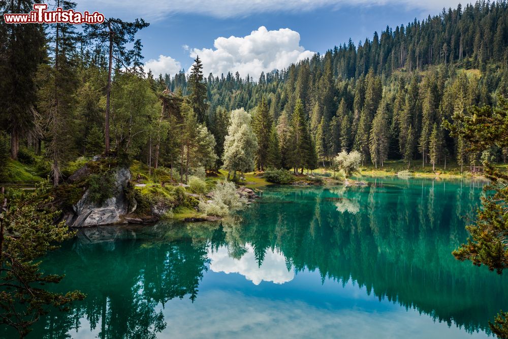 Immagine Lo spendido lago di Cauma nei pressi di Flims, Svizzera. Alimentato da sorgenti sotterranee calde, questo lago, il cui nome significa "lago del riposo pomeridiano", sorge a 997 metri sul livello del mare nel cuore dei boschi di Flims. Le sue acque sono color turchese e piacevolmente calde.