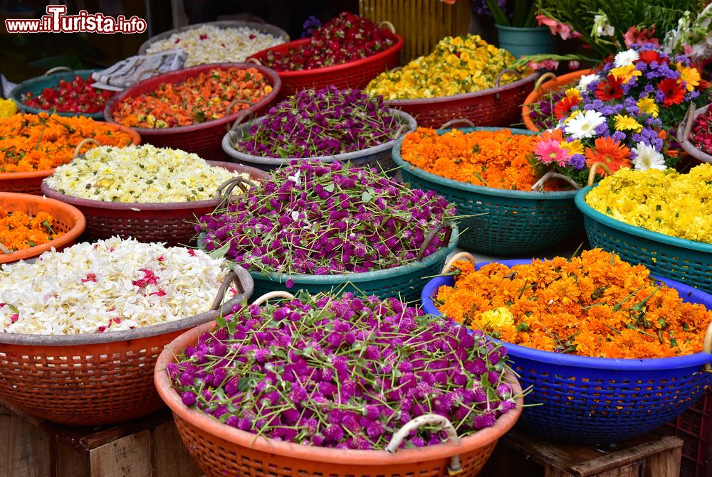 Immagine Mercato dei fiori a Chala, Trivandrum, India, durante le celebrazioni dell'Onam. E' una ricorrenza dedicata allo sport e ai riti festeggiata in memoria dell'età dell'oro del re Maveli il cui spirito, secondo la leggenda, visita lo stato del Kerala durante l'Onam.