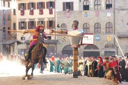 Carriera del Cavaliere di Porta del Foro: è il momento topico della GIostra del Saracino di Arezzo, il fantino deve evitare il mazza frusto del fantoccio rotante del buratto - © ...