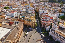 Veduta aerea di Siviglia, fotografata dalla cima della Giralda, la torre della Cattedrale. Dichiarata Patrimonio dell'Umanità nel 1987, la torre funge da campanile nonostante l'autonomia ...