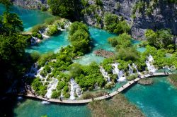 Vista aerea dei laghi Plitvice, Croazia - In una vallata incastonata fra montagne verdi e ricoperte di foreste fitte, 16 laghi di acqua smeraldo si susseguono fra loro in un tripudio di cascate, ...