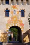 Gli affreschi che decorano il torrione da cui si accede all'Abbazia di Santa Maria in Silvis a Sesto al Reghena, Pordenone.

