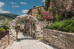 Antico arco in pietra a Spello, Umbria. A fare da cornice una ricca vegetazione fiorita.

