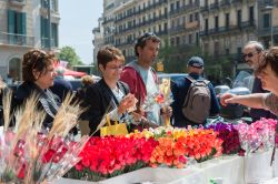 Giorno di San Giorgio a Barcellona, Spagna. Il 23 Aprile, in Catalogna, le strade sono letteralmente invase di fiori e libri. Questa celebre tradizione vuole infatti che gli uomini regalino ...