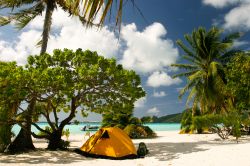 Un campeggio sulla spiaggia di Maupiti (Isole della Società, Polinesia Francese). Le tende si trovano proprio sulla sabbia bianca, in riva alla laguna, per una vacanza dal sapore avventuroso ...