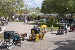 Carrozze nella piazza di Izamal, Messico. I tradizionali mezzi di trasporto trainati da cavalli: sono utilizzati per portare i turisti alla scoperta delle principali attrazioni della città ...