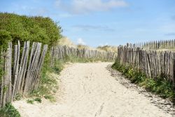 Dune di sabbia e cielo blu nel mare del Nord a Blankenberge, Belgio.
