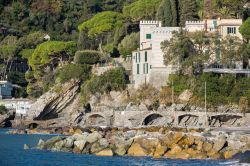 Eleganti edifici affacciati sul mar Ligure a Zoagli, provincia di Genova. Sotto, la passeggiata lungomare da percorrere soprattutto all'alba o al tramonto.
