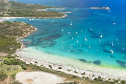 Foto aerea di una spiaggia di sabbia bianca a Arzachena, Sardegna. Questa località della Costa Smeralda offre uno dei litorali più suggestivi di tutta la regione con grandi spiagge ...