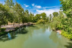 Il fiume Tejo nel Giardino del Principe a Aranjuez, Madrid, Spagna. Il più lungo corso d'acqua della penisola iberica attraversa la Spagna per circa 716 chilometri.
