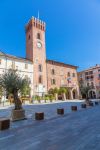 Il Palazzo Municipale di Nizza Monferrato (Asti) con la torre in Piazza Martiri di Alessandria, Piemonte. 

