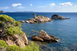 La piccola isola dell'Estagnol vista dal sentiero di Bormes-les-Mimosas (Francia).
