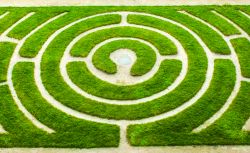 Labirinto circolare in un giardino visto dall'alto a Chartres, Francia.
