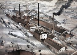 Litografia del 1880 dell'impianto di raffinazione The Omaha and Grant Smelting Company, Omaha, Nebraska.