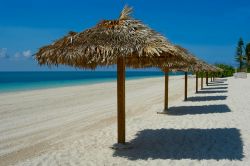 Ombrelloni di paglia sulla spiaggia di Freeport, Arcipelago delle Bahamas.



