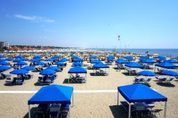Ombrelloni e sdraio sulla spiaggia di Marina di Pietrasanta, Toscana.

