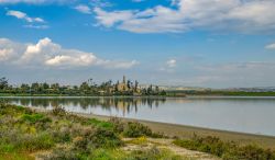 Paesaggio primaverile con la moschea di Hala Sutan Tekke sullo sfondo, Larnaka, isola di Cipro. Costruita nel XVIII° secolo dagli ottomani, sorge sulle rive del lago salato di Larnaka. Rappresenta ...