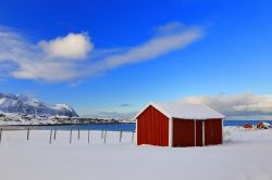 Panorama invernale di Svolvaer (isole Lofoten) con la neve, Norvegia.
