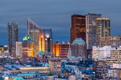 Skyline notturna di Den Haag, Olanda. Fra le città più raffinate del paese, si affaccia sul Mare del Nord e ospita le opere d'arte dei più importanti artisti olandesi ...