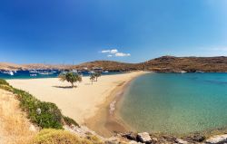 Spiaggia esotica di Kolona a Kythnos, Grecia. Una lingua di sabbia dorata divide questo angolo di Egeo creando un vero e proprio paradiso per gli amanti del sole e del relax - © TakB / ...