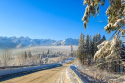 Strada di montagna non lontano da Bukowina Tatrzanska in Polonia. Un suggestivo panorama innevato.
