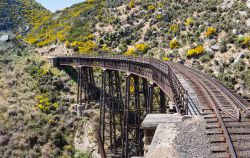 Linea ferroviaria della tratta turistica di Taieri Gorge, Dunedin, Nuova Zelanda. Il suggestivo panorama della valle attraversata durante questo tragitto - © Steve Heap / Shutterstock.com ...