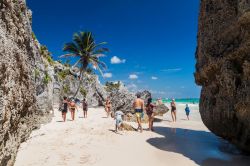 Turisti in spiaggia a Tulum vicino alle rovine dell'antica città maya, Messico. Siamo sulla costa caraibica della penisola messicana dello Yucatan - © Matyas Rehak / Shutterstock.com ...
